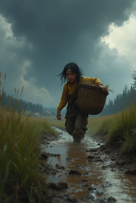 As they head toward the village, a storm rolls in. The trail becomes muddy, and Speedy struggles to carry the basket, frustrated by the conditions.