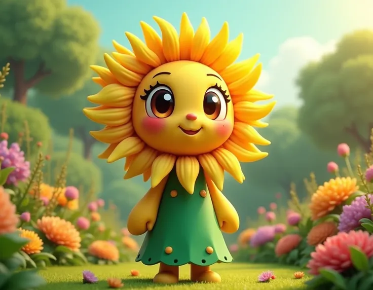 Sunflower with eyes, nose, mouth, arms and legs, wearing a green dress in 3d chibi style standing in a green, colorful garden