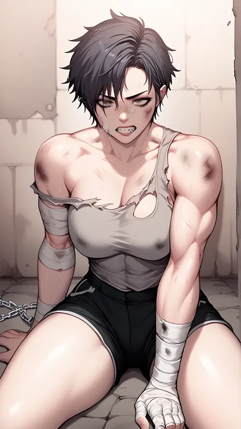 A muscular huge woman with black short hair, wearing a ripped tank top and dirty black shorts, bruises, bandages on arms, chains tied on wrists, sitting on the ground inside the dirty jail, grit teeth, looking psycho and mad. 