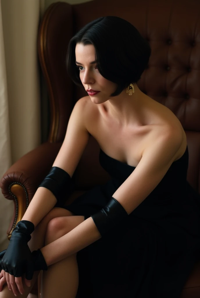 Anya Taylor joy, sitting on a chair, black short hair, detailed face, black strapless dress, black fights, hair over one eye, one arm on a knee and head, seductive