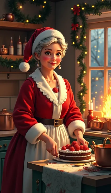 , Mother Claus is in an old kitchen all decorated for Christmas with candles and lights and a burning bonfire. Shes making a cake . 