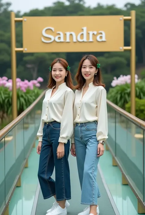 photography of 2 beautiful Korean women. with brown green with accessories in her hair, wearing a Korean beautiful shirt with  wearing a small pendant and a watch on her left hand. wearing jeans and white sneakers. smiling softly facing camera,They are on ...