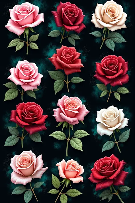 A sticker pack of 12 stickers. each sticker shows a rose, roses of different shades (pink, red, white). The Gothic style background is black with splashes of splashes of green and turquoise.