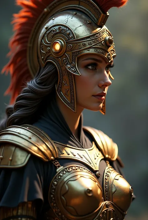 Roman goddess, Libertad, helmet, glowing eyes, head to breast, legionnaire cybernetics. High Resolution, Masterpiece, Award Winning, Best Quality, High Details, High Quality, UHD, Optical Illusion, Impressionism, Art Deco, Cinematic, Cinematography, Futuri...