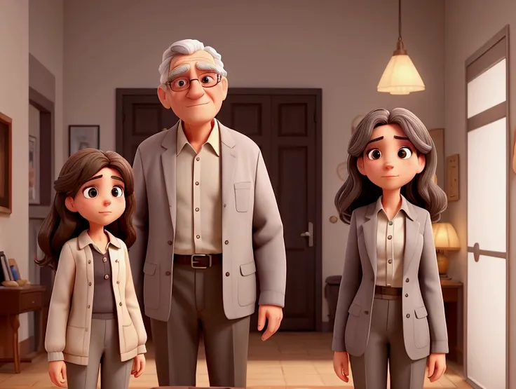 A grandfather who has dark hair with some gray hair  , That she wears a gray suit and that she is next to a 20-year-old GIRL with a white complexion with long dark hair