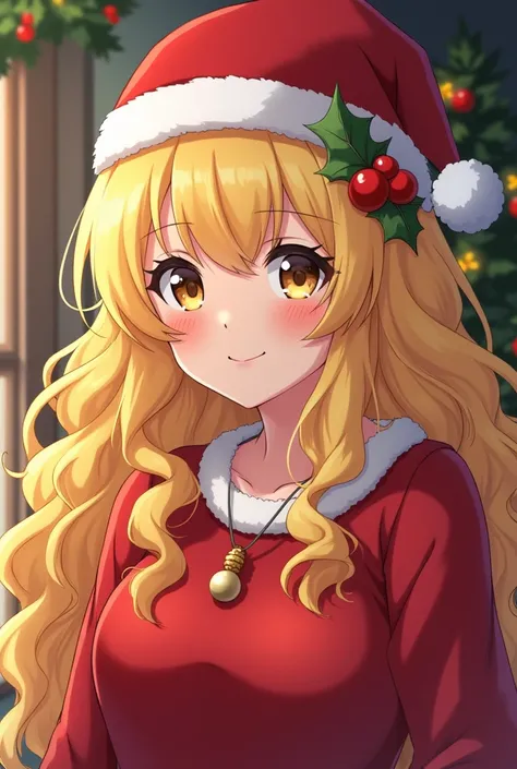 Blonde girl with very long curly blonde hair, plus size, looks at the camera, close up, Christmas background, christmas hat,wears red and white blouse, anime.