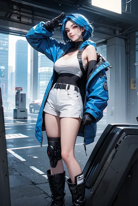  cyberpunk　Blue Hair Woman　White Cyberpunk Mountain Parka　 black hotpants　 sexy　 tactical gloves　 Tactical Boots 　stretch your right arm upwards　 side angle　 looks up　smile

