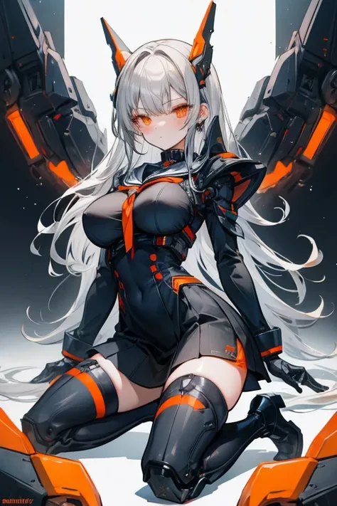 Gray hair, orange eyes, black seifuku, boots, stockings, kneeling, large breasts, mechanical parts