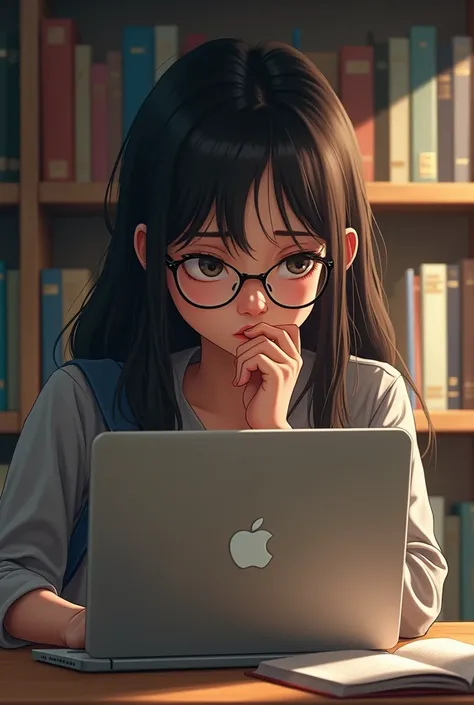 a girl with black long hair and glasses studying while biting her finger nails and using her laptop but realistic version not anime