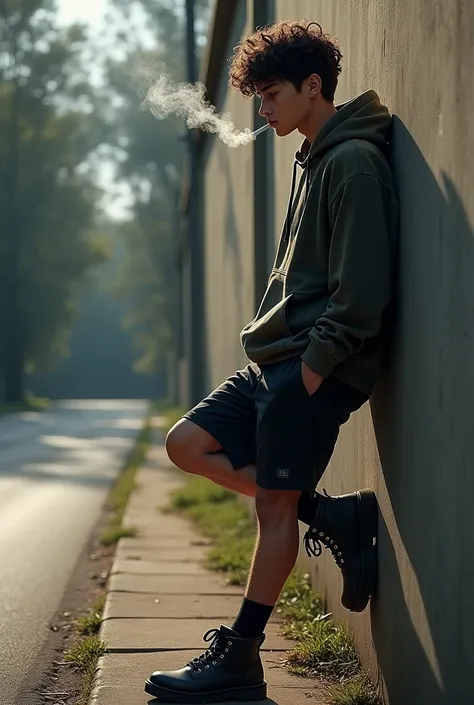 Teen guy wearing a hoody, fit short and boots is smoking while leaning to a wall by road