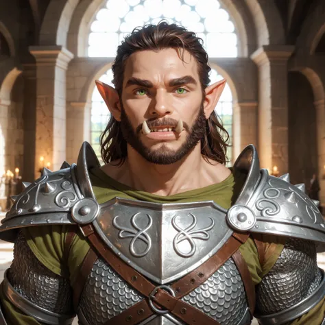 Portrait of a (male) half-orc warrior, front view, (medium shot:1.3), one person standing, stooped build, tall and muscular build, long messy dark brown hair and beard, thick bushy eyebrows
BREAK
green eyes
BREAK
olive brown skin, pointed ears, (huge wide ...