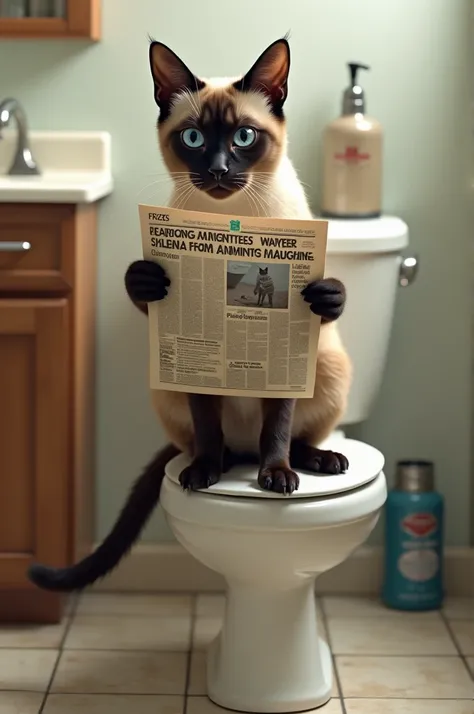 Photo d’un chat type siamois sur les toilettes entrain de lire le journal fais caca 