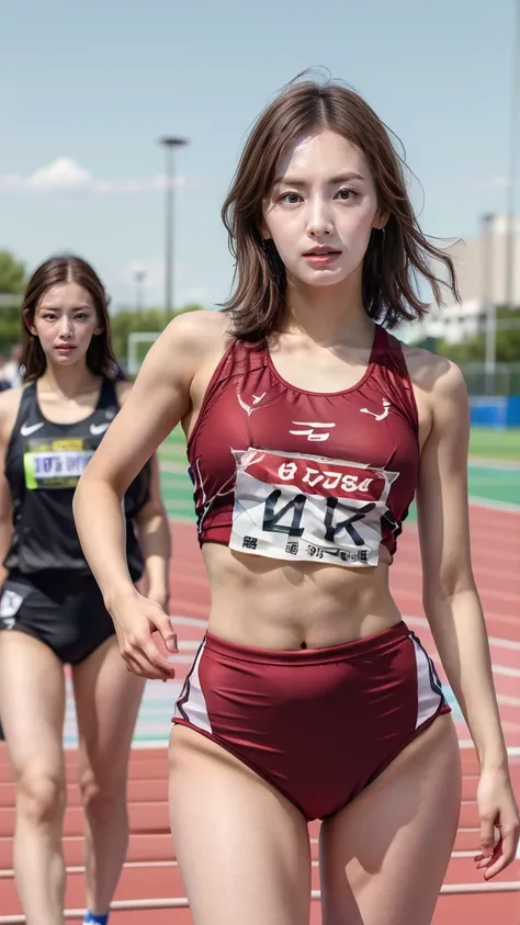 8k, (best quality,4k,8k, highres, masterpiece:1.3), (extremely detailed:1.2), perfect anatomy, beautiful Japanese woman,18 years old, healthy thighs, beautiful legs, beautiful skin, random hair color, random hairstyle, large breasts, track and field athlet...