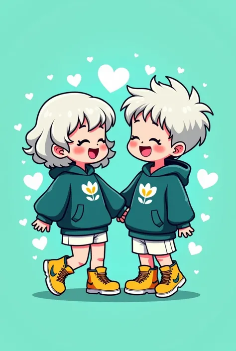 Chibi NIKE sneakers、 male and female couples、smile、 holding hands、Image is a vibrant, cartoon-style illustration featuring two animated characters against a solid teal background. The characters, a boy and a girl, are depicted in a playful, dynamic pose, f...