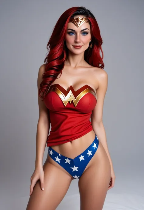 NFSW, nude photography essay for a porn magazine, (((Wonder Woman Porn Cosplay))), (whole body include a perfect not shaved vagina), ((highest quality, 8k, masterpiece :1.3)), One girl, Beautiful woman with slim abdominal muscles :1.3, (long and straight h...