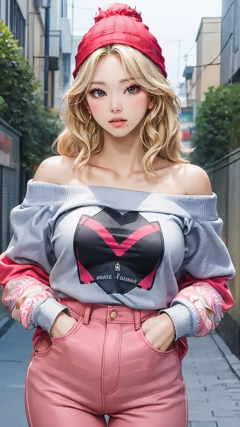 ( top quality, masterpiece:1.2),  perfect body,  surimi waist , Nice breasts, off-the-shoulder printed sweatshirt, Beanie, jeans, Quiet Alley,  vibrant,Blonde