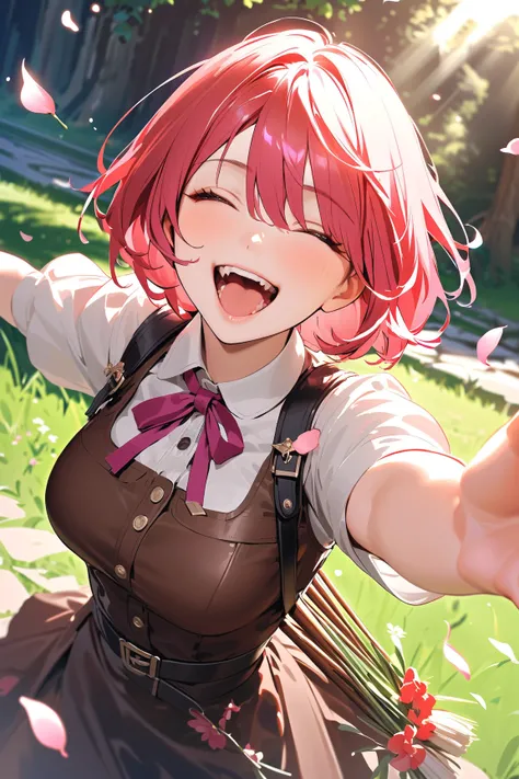 1 girl, (playful face), young adult, short hair, Bob cut, (wearing a rangers outfit with leather accents), large breasts, fit, (drawing a bow with a quiver at her side),  
BREAK  
pathway covered in falling flower petals, bright colors of flowers all aroun...