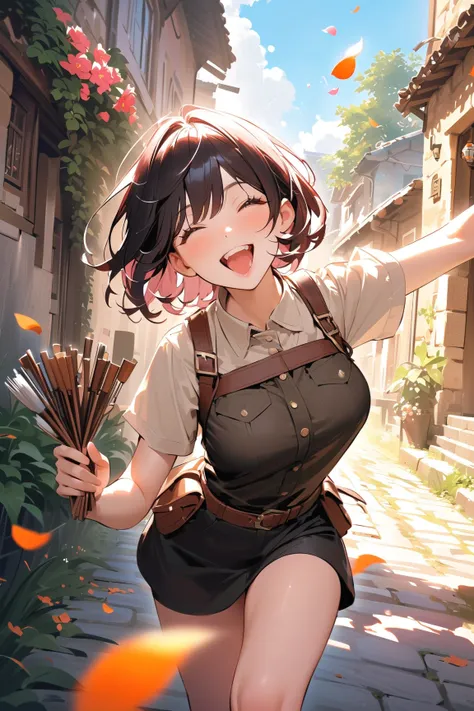 1 girl, (playful face), young adult, short hair, Bob cut, (wearing a rangers outfit with leather accents), large breasts, fit, (drawing a bow with a quiver at her side),  
BREAK  
pathway covered in falling flower petals, bright colors of flowers all aroun...