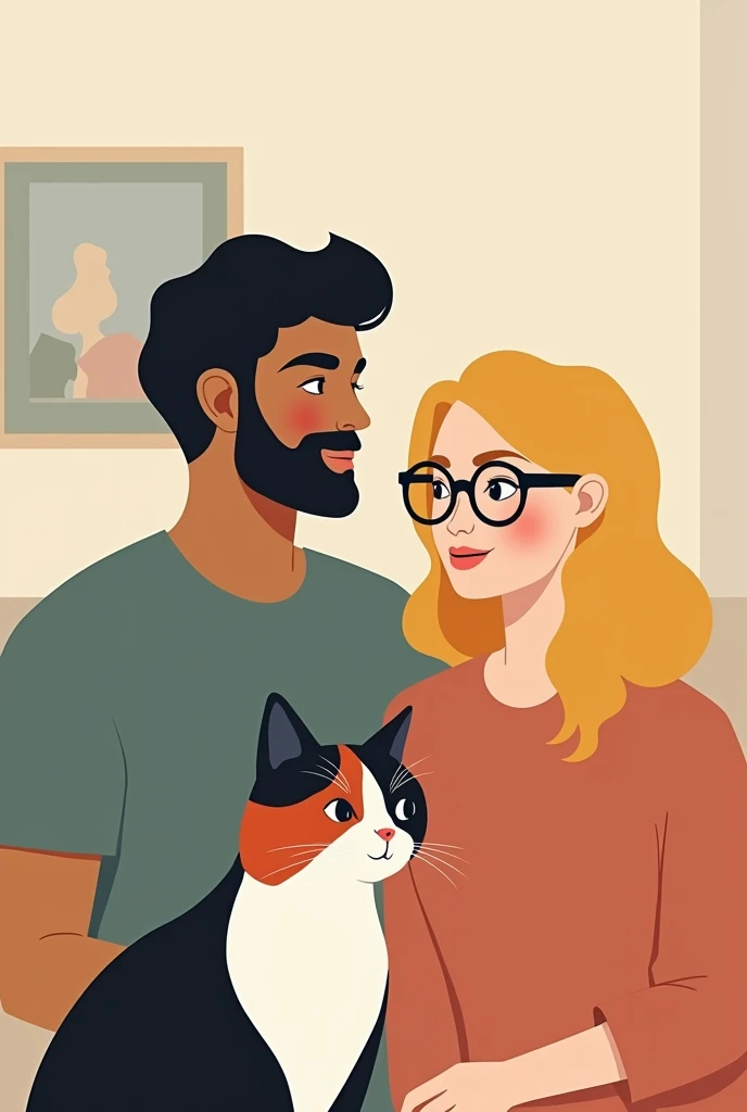 Affiche minimaliste dun jeune couple dans leur appartement "Bryan & Pauline"
The boy is brown with a beard. 
La femme et blonde avec des lunettes. 
Le chat est noir, white and red 
