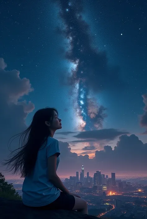 octane, sky, Star (sky), scenery, Starry sky, Night, 1girll, Night sky, Solo, Outdoors, Building, Cloud, Milky Way, Sitting, tree, Long hair, City, Silhouette, Cityscape, Looking Up The Sky, 8K, Beautiful night sky, Ray tracing, Masterpiece, Cute face , ts...