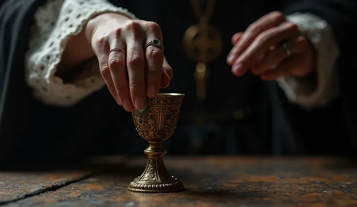 Close up of a hand putting poison into a medieval chalice.