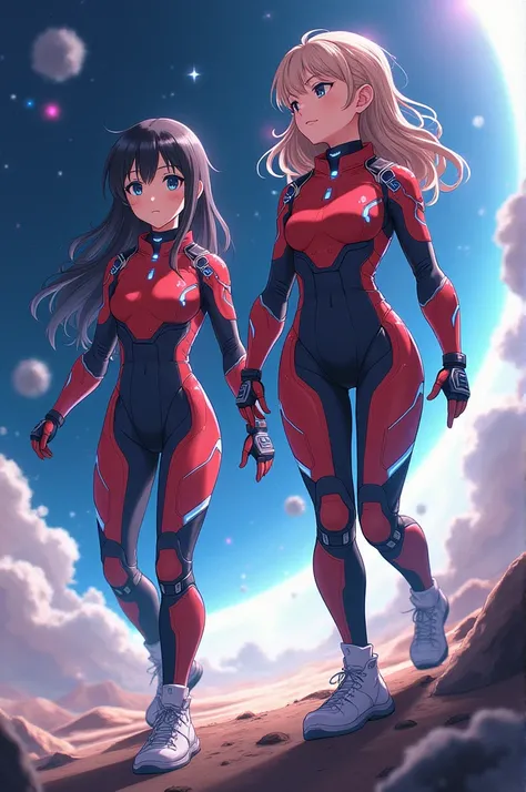 Two girls in space suits with red black and white anime details