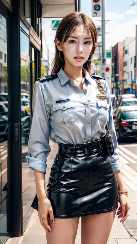 beautiful Japanese woman, 22 years old, perfect anatomy, healthy thighs, beautiful legs, beautiful skin, random hair color, random hairstyle, large breasts, female police officer, (Japanese police uniform:1.3), (miniskirt:1.3), (she is standing:1.2), full ...