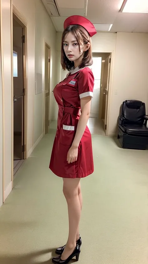 a beautiful young 24-year-old Japanese woman, beautiful, detailed anatomy, beautiful skin, random hair color and hairstyle, big breasts, nurse hat, (nurse uniform:1.3), nurse cap, (she is standing:1.2), full body shot, high heels, hospital, (best quality,8...