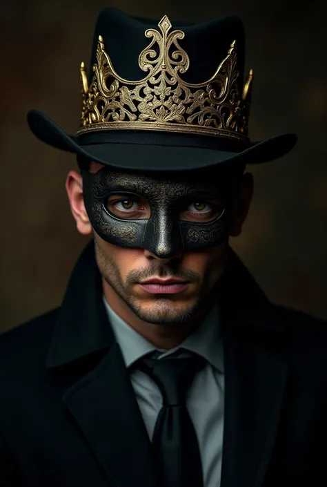 A mafia man with masquerade mask and a crown in suit potrait hazel eyes black theme