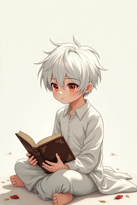 Anime boy, holding book, white hair, red eyes, white clothing, book