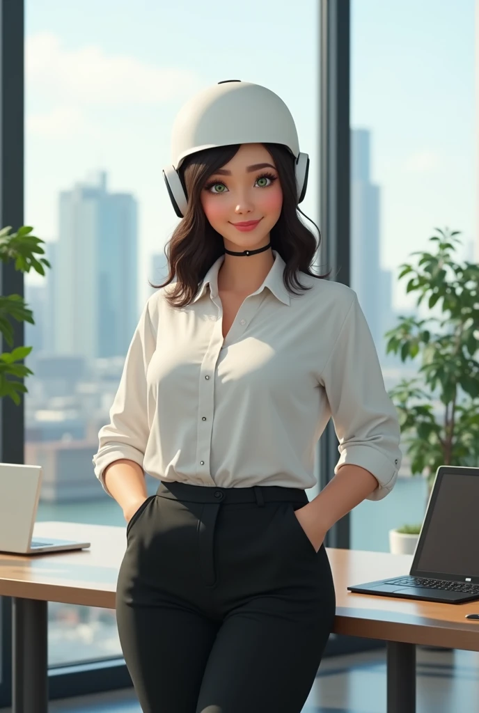 A 90kg, 34-year-old chubby woman with green eyes, dark brown hair, wearing a white dress shirt and black dress pants, in a modern and elegant office. She is wearing a white helmet resting lightly on her head, smiling confidently at the camera. In the backg...