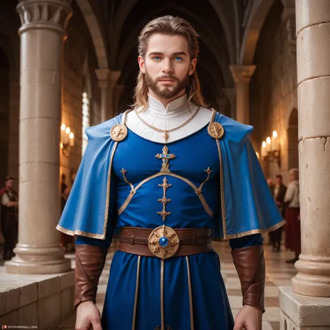 Portrait of a (male) human cleric, front view, (medium shot:1.3), one person standing, tall and athletic build, long dark blond hair and beard
BREAK
dark blue eyes
BREAK
light tan skin
BREAK
wearing fantasy world costume of white and blue vestments, realis...