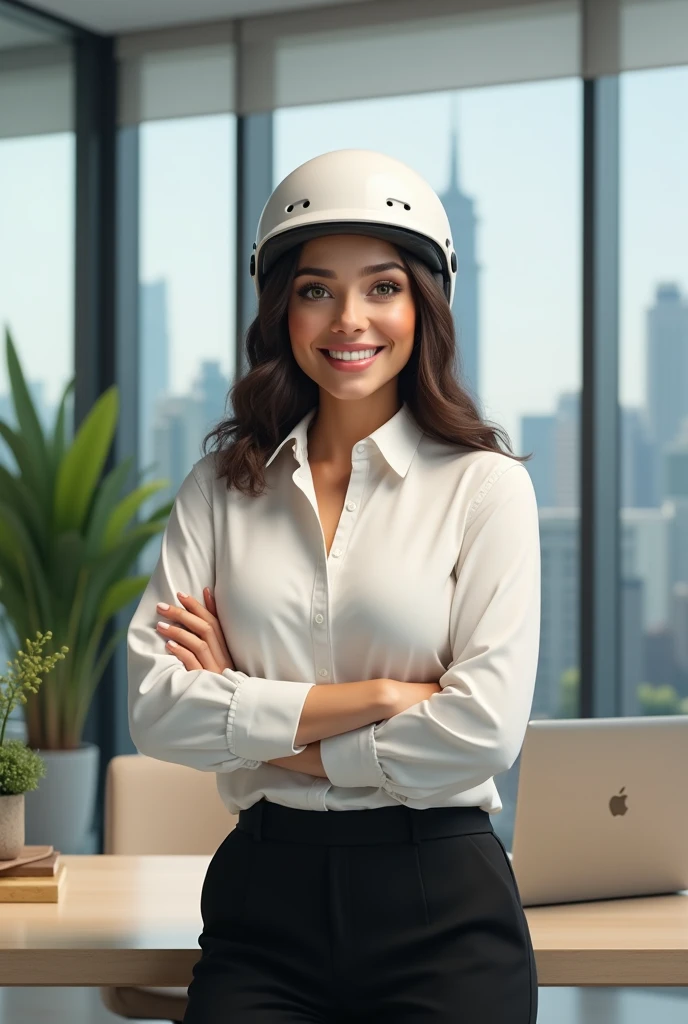 A realistic 90kg, 90kg, 34-year-old chubby woman with green eyes, dark brown hair, wearing a white dress shirt and black dress pants, in a modern and elegant office. She is wearing a white helmet resting lightly on her head, smiling confidently at the came...