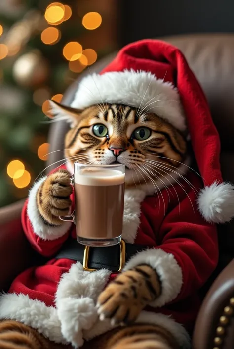 Make a image of a brown hairy happy cat with green eyes and with a santa claus hat in his head sitting in a chair and drinking chocolate milk and the right side santa claus also sitting in a chair drinking chocolate milk