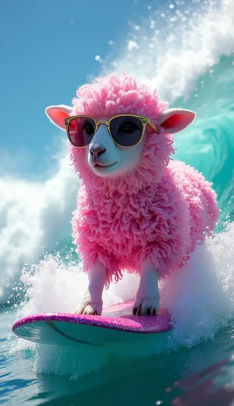  An incredibly fluffy sheep ,  with big eyes full of expression ,  riding a colossal wave in a crystalline ocean .  The absolute highlight is her soft and voluminous fur ,  completely covered in glitter and glitter in vibrant shades of pink .  The glow is ...