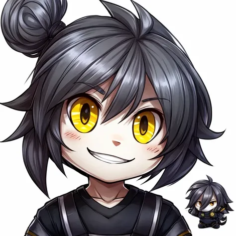 1 boy, alone, (Emote Twitch: 1), Chibi, dark gray hair color, neat hairstyle, long yellow eyes, smile, upper body, manga, white background, front view