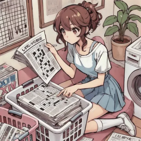 Anime girl sitting on the floor and doing a newspaper crossword next to the washing machine,  Lofi Girl ,  retro anime girl , 90s anime style, 90s anime style, 80&#39;s anime vibe, 90s anime style , 90s anime aesthetic,  80s anime art style ,  80s anime st...