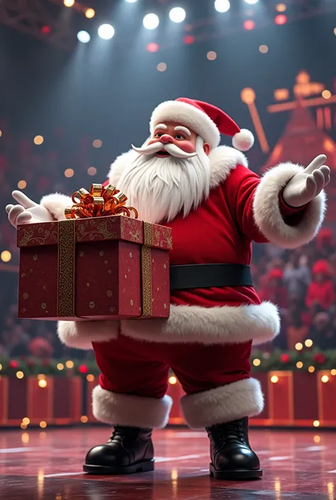 Santa calus holding a big gifts box. He is on the stage of americas got talent