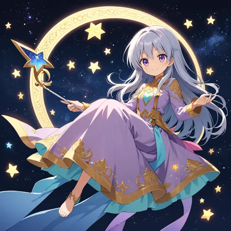 A magical girl depicted in a moe-style anime illustration. The character has long silver hair, holding a wand with a star-shaped tip, and is smiling softly. She wears a light purple robe adorned with golden embroidery, standing against a background of a st...