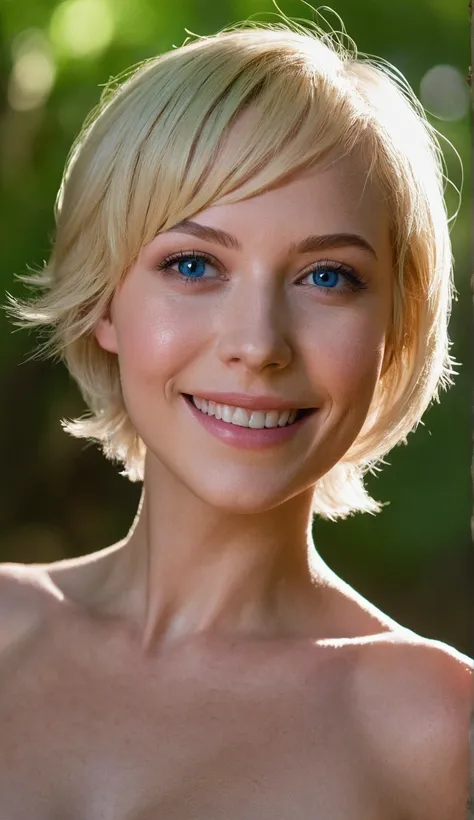 A stunning and intricate full color portrait in Ultra-HD, detailed face, short blonde hair, blue eyes, sharp focus, lighting natural, subsurface dispersion, f2, 35mm, in Forrest, smiling playfully, side view so both ass and tits are visible, small breasts ...