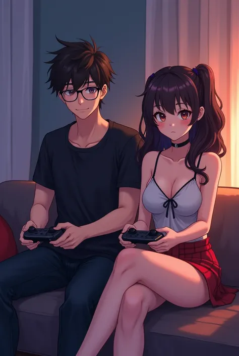  Make me an image of a handsome brunette anime boy with short hair and wears an eyeglass , sitting in front playing with a gamer controller and next to him a beautiful girl with big breasts curly long hair, watching how ,  she plays sitting on her legs ,  ...