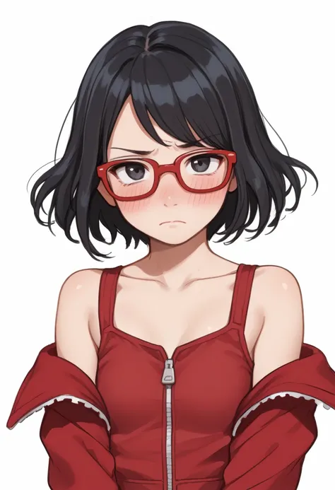 1girl, solo, glasses, black hair, short hair, red-framed eyewear, blush, black eyes, looking at viewer, upper body, simple background, bare shoulders, red jacket, jacket, closed mouth, sleeveless, zipper, off shoulder, frown, zipper pull tab, small breasts...