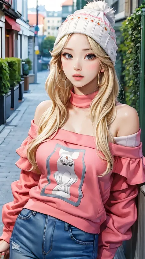 ( top quality, masterpiece:1.2),  perfect body,  surimi waist , Nice breasts, off-the-shoulder printed sweatshirt, Beanie, jeans, Quiet Alley,  vibrant,Blonde