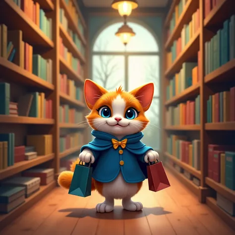 Imaginez un chat anthropomorphique, inspiré du style animé de Disney, debout sur ses deux pattes arrière dans une librairie vibrante et colorée. Ce chat a de grands yeux bleus expressifs et un visage blanc orné de marques orange et grises. Il sourit avec u...