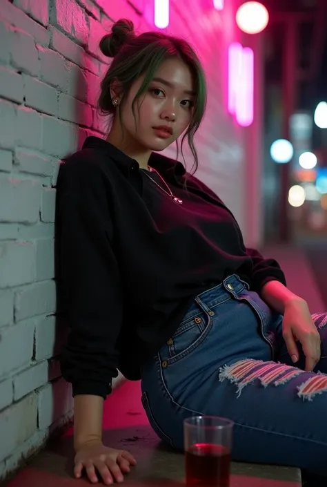 Cinematic photorealistic street style A beautiful Korean woman chubby with smooth white skin, well-groomed face, long green hair bun tied up, wearing a black long-sleeved shirt rolled up at the elbows, trendy street  style, black under t-shirt  ,eyes looki...