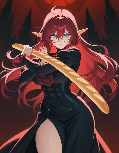 ((anime 2d style)),((dark fantasy background)), anime style, serious expression, women, red purply hair, blue eyes, wavy long hair, gothic dress, round glasses, fighting with a glowing baguette bread sword, plus size body, curvy body, elf ears, cowlick mid...