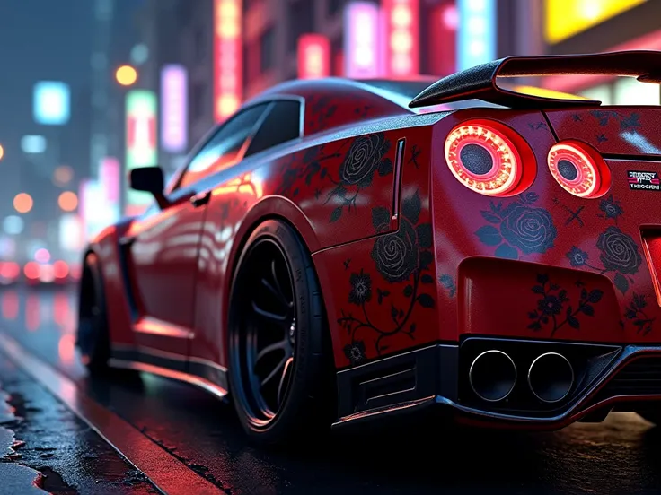 An artistic close-up of a Nissan GTR R35, its glossy body adorned with an intricate tattoo_art_style pattern of intricate skull and roses on a red background.The car reflects neon hues from the cyberpunk night street setting, where glowing signs and futuri...