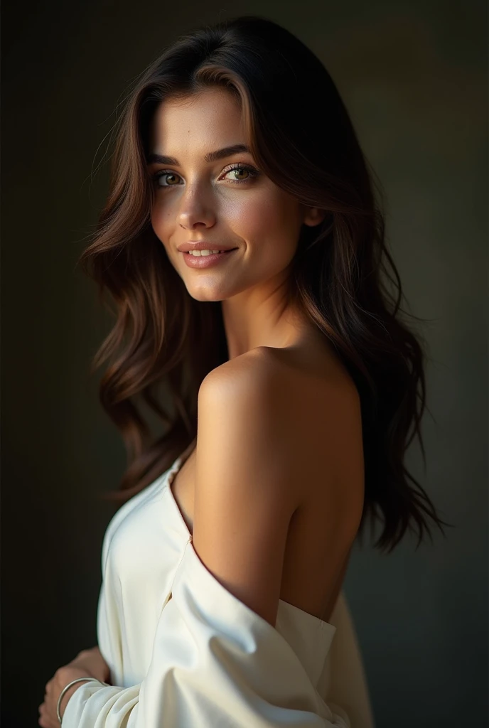 A beautiful French-looking woman,  dark brown hair , She smiles and has a cheerful face,wears a white Dolce dress &amp; Gabbana,  standing in a photo studio ,  photorealistic ,  very detailed , dramatic lighting,  studio lighting , High-fashion editor , Fa...