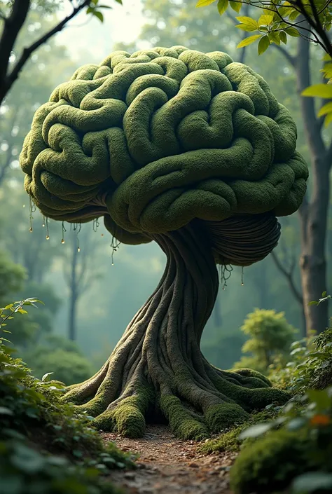 a brain-shaped tree, hyper-detailed, intricate and organic branches, twisted and convoluted, surreal and dreamlike, lush foliage, vibrant colors, natural lighting, cinematic composition, photorealistic, 8k, best quality