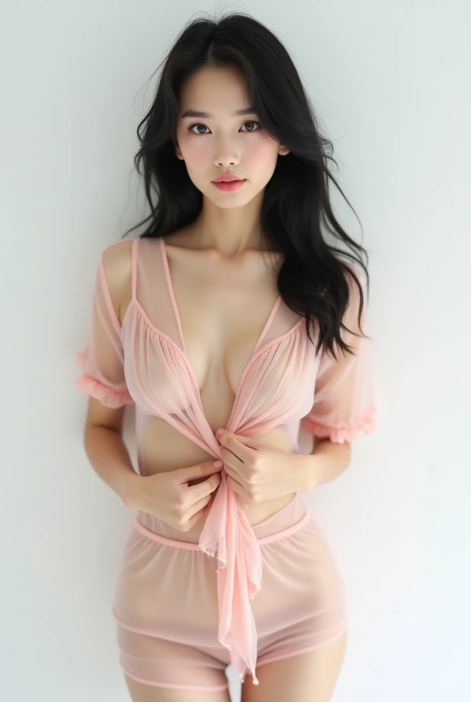 High-quality Realistic of  thai woman, Beautiful girl (((large breast , big breast , nsfw))) , Best Quality, 20 years old thai girl with black hair, wearing a transparent blush -colored suit (naked large breast) and mini skirt, stands in front of a white b...